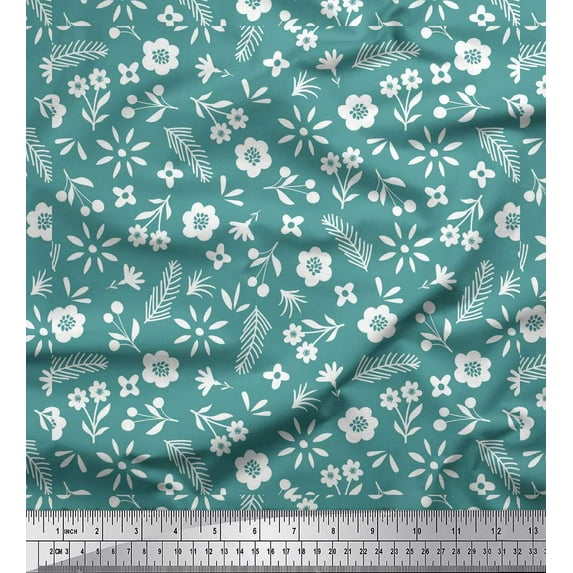 Soimoi Blue polyester Crepe Fabric Leaf Floral Print Fabric by the Yard 42 Inch Wide