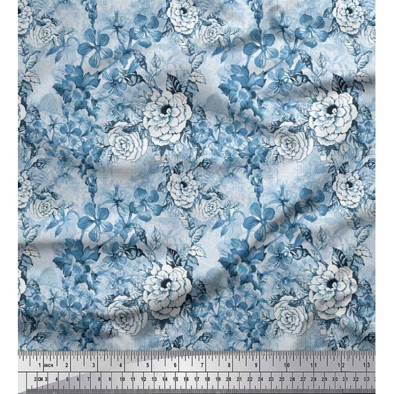 Soimoi Blue polyester Crepe Fabric Leaves,Periwinkle & Camellia Floral Fabric Prints By Yard 42 Inch Wide