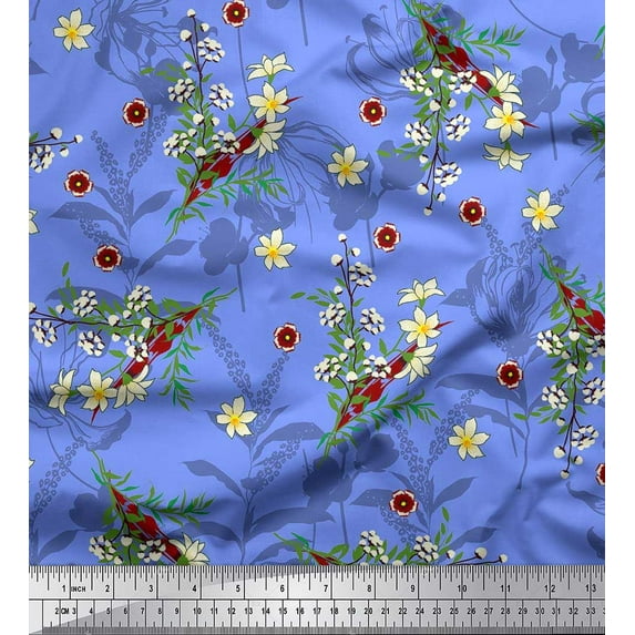 Soimoi Blue polyester Crepe Fabric Leaves,Primrose & Cottonball Flower Printed Fabric 1 Yard 42 Inch Wide