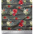thumbnail image 1 of Soimoi Blue polyester Crepe Fabric Leaves,Stripe & Red Flower Stripe Printed Fabric 1 Yard 42 Inch Wide, 1 of 3