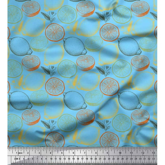 Soimoi Blue polyester Crepe Fabric Lemon Slice Vegetable Print Fabric by the Yard 42 Inch Wide