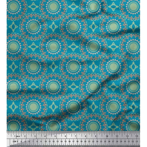 Soimoi Blue polyester Crepe Fabric Mandala Geometric Print Fabric by Yard 42 Inch Wide