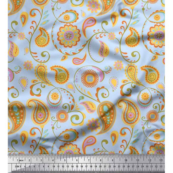 Soimoi Blue polyester Crepe Fabric Mandala & Paisley Printed Craft Fabric by the Yard 52 Inch Wide