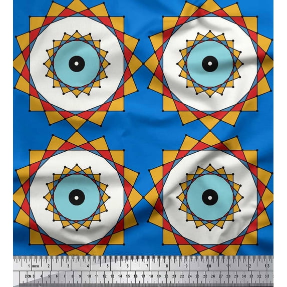 Soimoi Blue polyester Crepe Fabric Marigold Geometric Fabric Prints By Yard 42 Inch Wide
