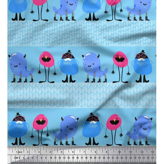 Soimoi Blue polyester Crepe Fabric Monster Cartoon Printed Craft Fabric by the Yard 42 Inch Wide