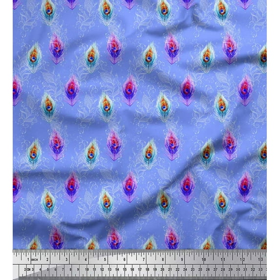 Soimoi Blue polyester Crepe Fabric Peacock Feather Printed Fabric 1 Yard 42 Inch Wide
