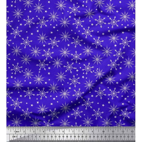 Soimoi Blue polyester Crepe Fabric Snow Flakes & Star Fabric Prints By Yard 42 Inch Wide