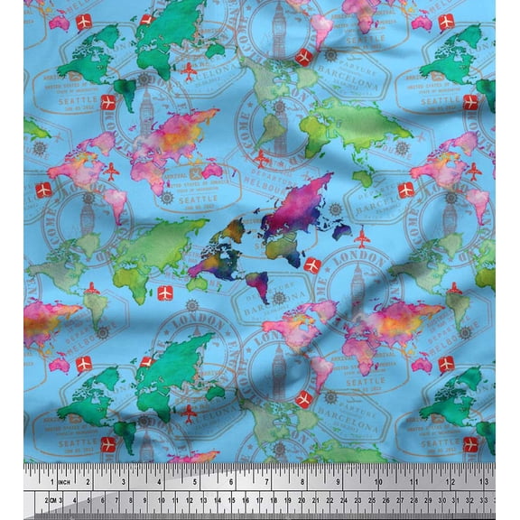 Soimoi Blue polyester Crepe Fabric Stamp & World Map Print Fabric by Yard 52 Inch Wide
