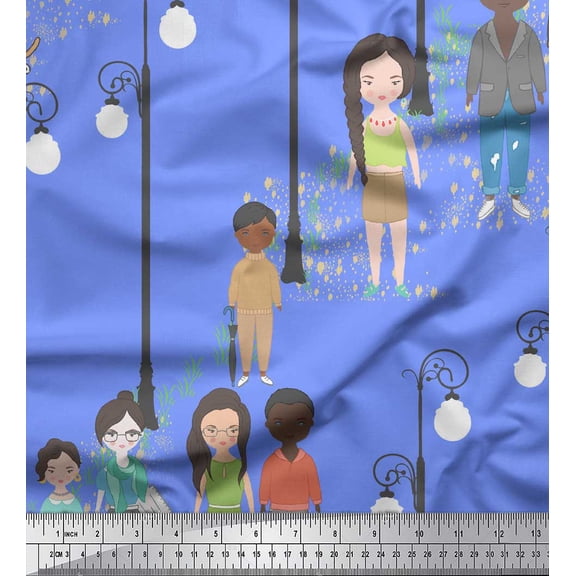 Soimoi Blue polyester Crepe Fabric Street Lamp Human Figure Print Fabric by Yard 42 Inch Wide