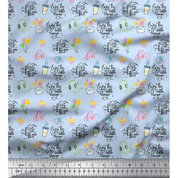 Soimoi Blue polyester Crepe Fabric Text & Cupcakes Food Printed Craft Fabric by the Yard 42 Inch Wide