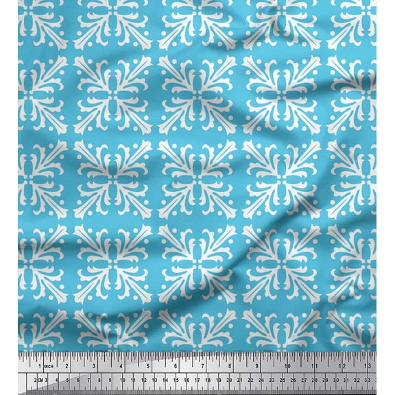 Soimoi Blue polyester Crepe Fabric Tiles Moroccan Print Fabric by Yard 42 Inch Wide