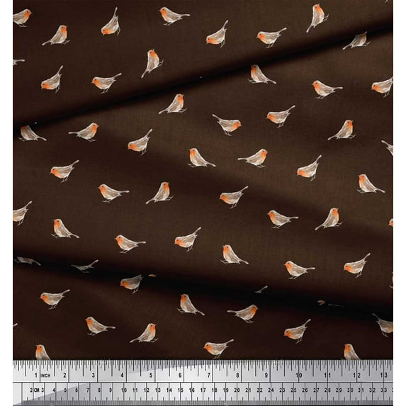 Soimoi Brown Cotton Cambric Fabric American Robin Bird Print Sewing Fabric BTY 42 Inch Wide