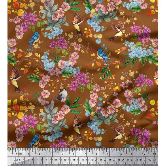 Soimoi Brown Cotton Cambric Fabric Floral,American Robin & Bluebird Bird Print Sewing Fabric BTY 42 Inch Wide