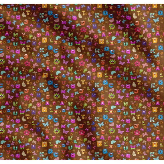 Soimoi Brown Cotton Cambric Fabric Insect,Sun & Cartoon Alphabets Text Print Fabric by The Yard 56 Inch Wide