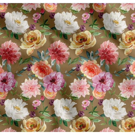 Soimoi Brown Cotton Cambric Fabric Leaves & Floral Watercolor Print Fabric by The Yard 56 Inch Wide