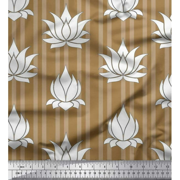 Soimoi Brown Cotton Cambric Fabric Stripe & Artistic Lotus Floral Print Sewing Fabric Yard 42 Inch Wide