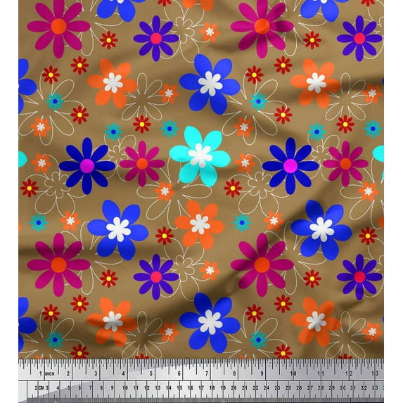 Soimoi Brown Cotton Duck Fabric Artistic Floral Print Fabric by Yard 42 Inch Wide