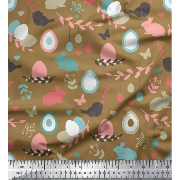 Soimoi Brown Cotton Duck Fabric Bird,Rabbit & Egg Easter Print Fabric by Yard 42 Inch Wide