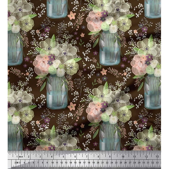Soimoi Brown Cotton Duck Fabric Bottle Vase & Anemone Floral Print Fabric by the Yard 56 Inch Wide