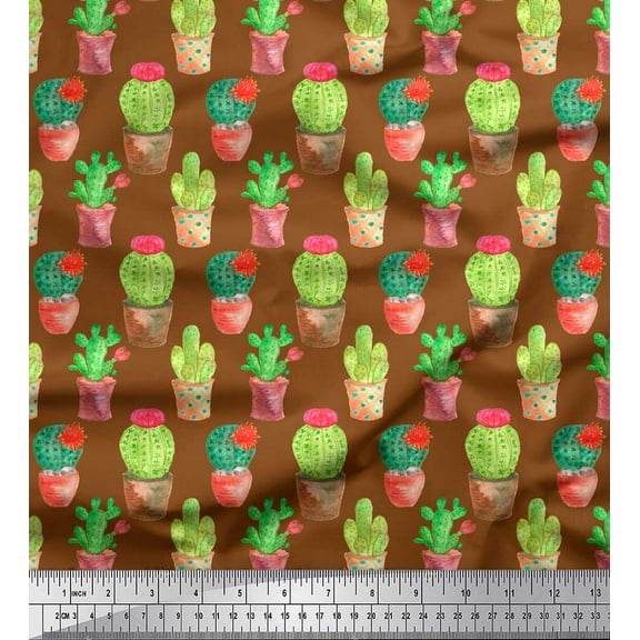 Soimoi Brown Cotton Duck Fabric Cactus With Conical Pot Tree Printed Craft Fabric by the Yard 42 Inch Wide