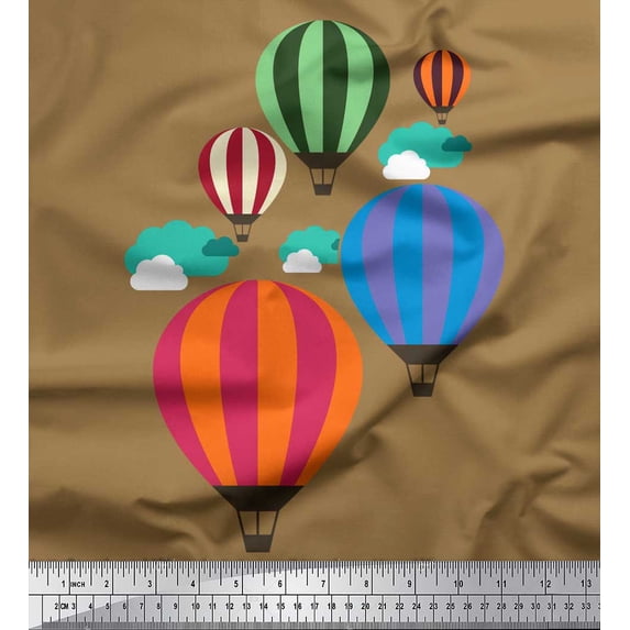 Soimoi Brown Cotton Duck Fabric Cloud & Hot Air Balloon Holiday Fabric Prints By Yard 42 Inch Wide