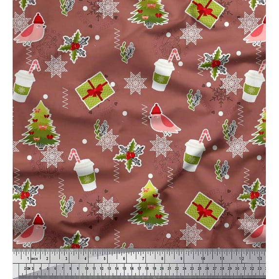 Soimoi Brown Cotton Duck Fabric Coffee Cup,Gift Box & Tree Christmas Print Sewing Fabric Yard 56 Inch Wide
