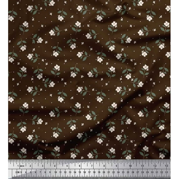 Soimoi Brown Cotton Duck Fabric Dot & Floral Print Fabric by Yard 42 Inch Wide