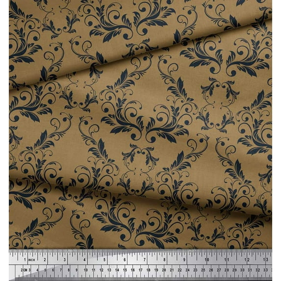 Soimoi Brown Cotton Duck Fabric Filigree Damask Printed Fabric 1 Yard 42 Inch Wide