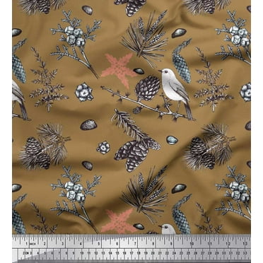 Soimoi Brown Cotton Duck Fabric Floral, American Robin Bird Print Sewing Fabric BTY 42 Inch Wide