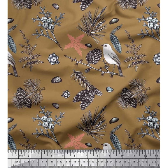 Soimoi Brown Cotton Duck Fabric Floral, American Robin Bird Print Sewing Fabric BTY 42 Inch Wide