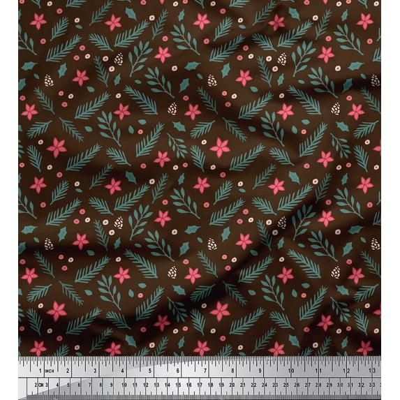 Soimoi Brown Cotton Duck Fabric Floral Leaves Print Fabric by the Yard 42 Inch Wide