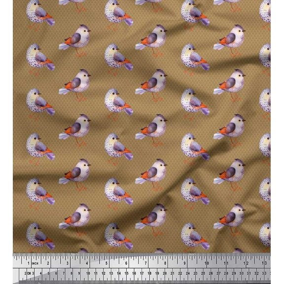 Soimoi Brown Cotton Duck Fabric Geometric Scale & American Robin Bird Decor Fabric Printed BTY 42 Inch Wide