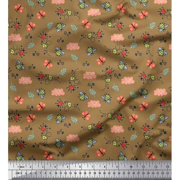 Soimoi Brown Cotton Duck Fabric Honey Bee & Bettle Bee Insects Printed Craft Fabric by The Yard 42 Inch Wide