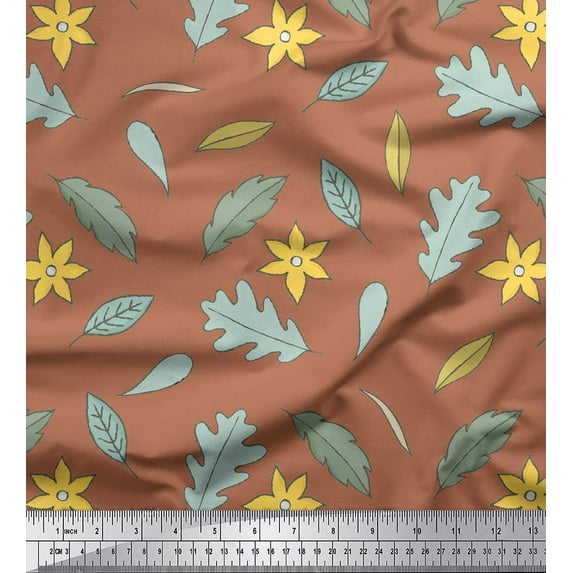 Soimoi Brown Cotton Duck Fabric Leaf Floral Print Fabric by the Yard 42 Inch Wide