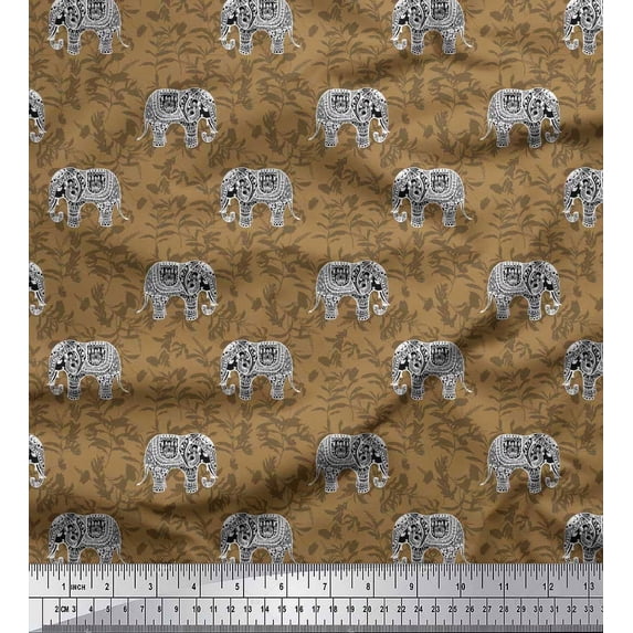 Soimoi Brown Cotton Duck Fabric Leaves & Artistic Elephant Animal Printed Fabric 1 Yard 56 Inch Wide