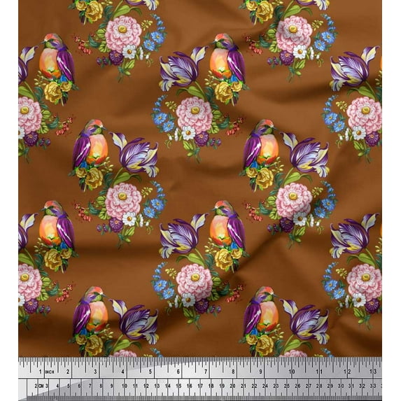 Soimoi Brown Cotton Duck Fabric Leaves,Floral & American Robin Bird Print Fabric by Yard 42 Inch Wide