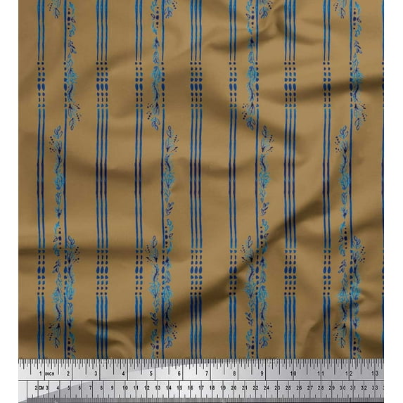 Soimoi Brown Cotton Duck Fabric Leaves & Stripe Decor Fabric Printed Yard 42 Inch Wide