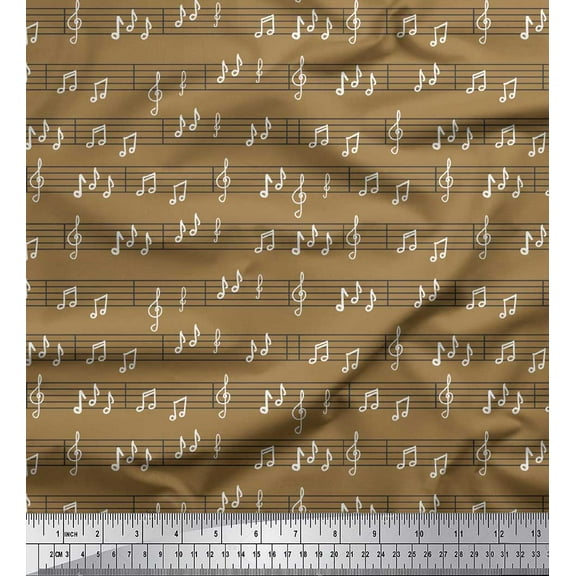 Soimoi Brown Cotton Duck Fabric Notes Musical Instrument Print Fabric by Yard 42 Inch Wide