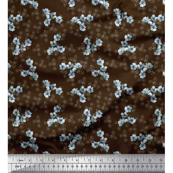 Soimoi Brown Cotton Duck Fabric Periwinkle Floral Print Fabric by the Yard 42 Inch Wide