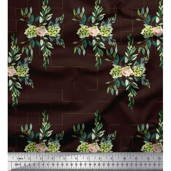 Soimoi Brown Cotton Duck Fabric Square & Leaves Decor Fabric Printed Yard 44 Inch Wide