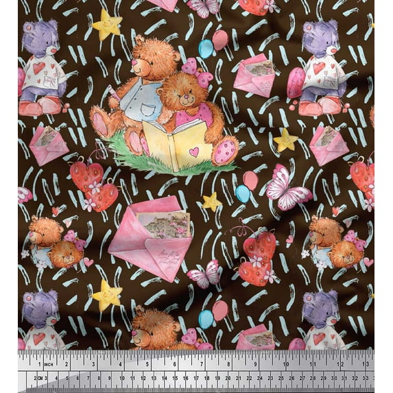 Soimoi Brown Cotton Duck Fabric Teddy Bear & Hearts Kids Fabric Prints By Yard 42 Inch Wide