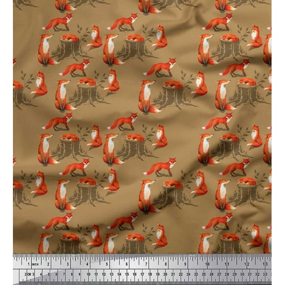 Soimoi Brown Cotton Duck Fabric Tree Stump & Fox Animal Fabric Prints By Yard 42 Inch Wide