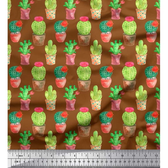 Soimoi Brown Cotton Jersey Fabric Cactus With Conical Pot Tree Decor Fabric Printed Yard 58 Inch Wide