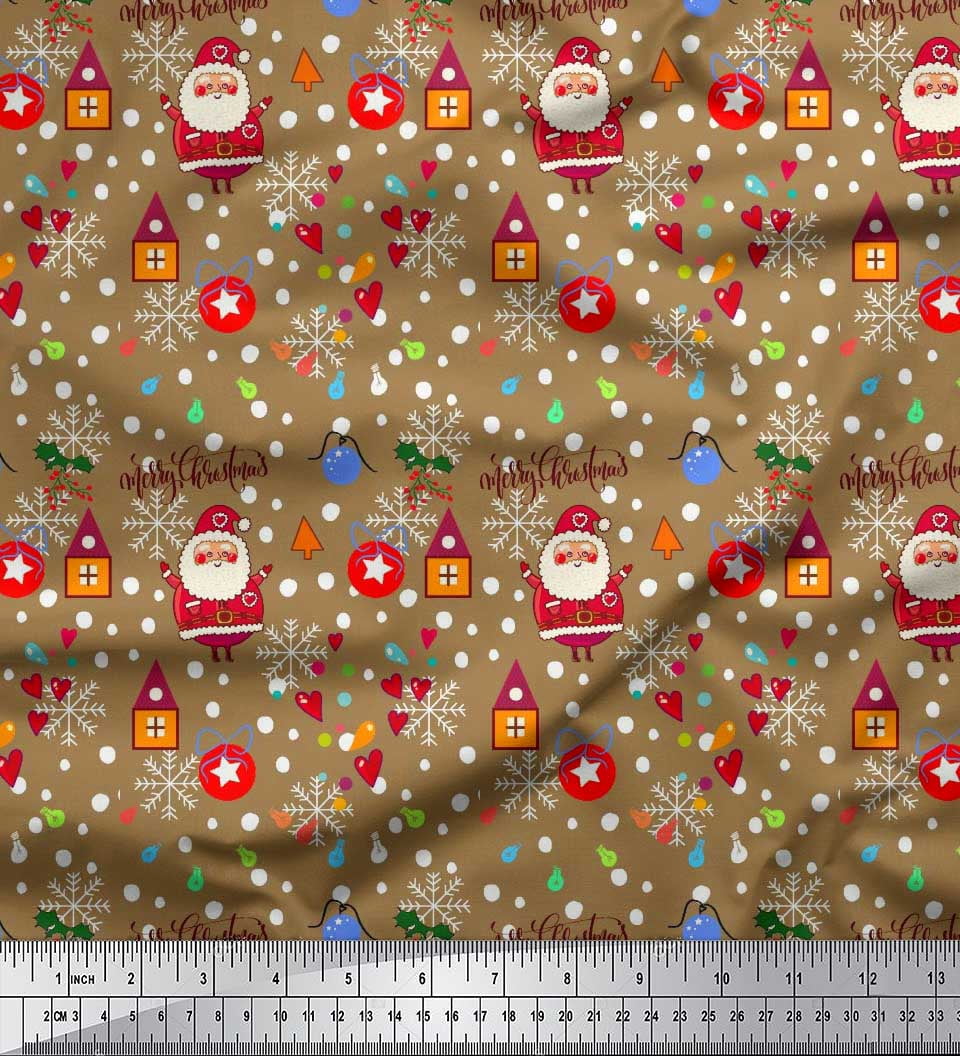 Soimoi Brown Cotton Jersey Fabric Heart,Santa & Baubles Christmas Print Sewing Fabric Yard 58 Inch Wide