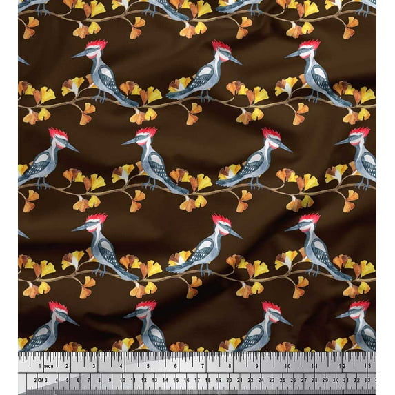 Soimoi Brown Cotton Poplin Fabric Autumn Leaves & Woodpecker Bird Fabric Prints By Yard 42 Inch Wide