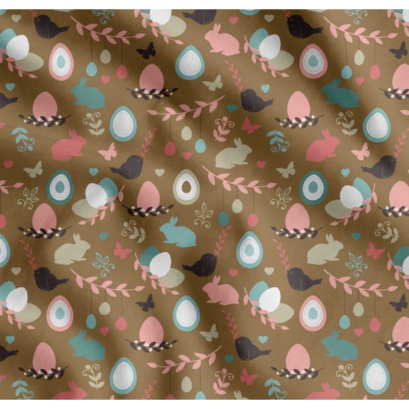 Soimoi Brown Cotton Poplin Fabric Bird,Rabbit & Egg Easter Decor Fabric Printed Yard 56 Inch Wide