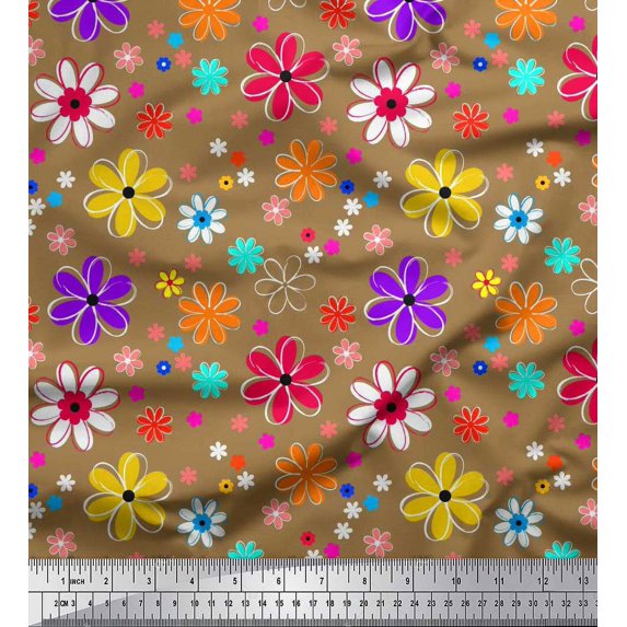 Soimoi Brown Cotton Poplin Fabric Flower Artistic Decor Fabric Printed Yard 42 Inch Wide
