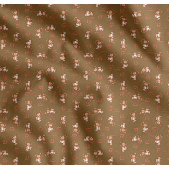 Soimoi Brown Cotton Poplin Fabric Heart & Cute Monkey Kids Print Fabric by the Yard 56 Inch Wide