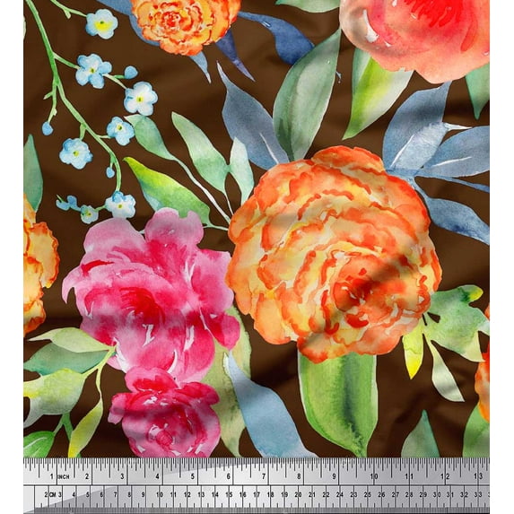 Soimoi Brown Cotton Poplin Fabric Leaves,Peach & Pink Floral Print Fabric by The Yard 56 Inch Wide