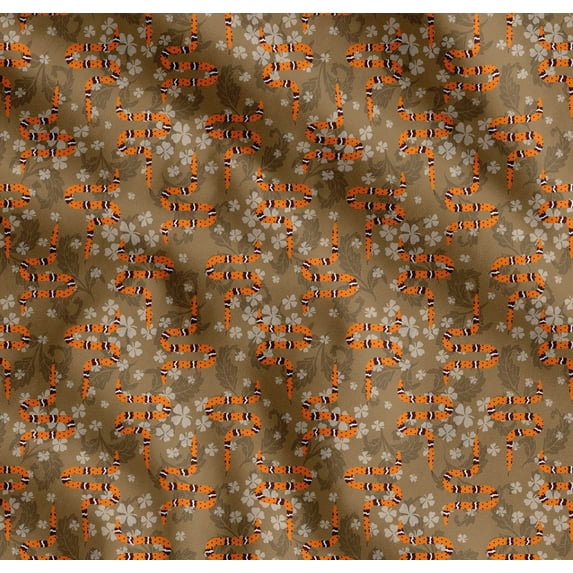 Soimoi Brown Cotton Poplin Fabric Leaves,White Floral & Snake Reptile Print Sewing Fabric BTY 42 Inch Wide